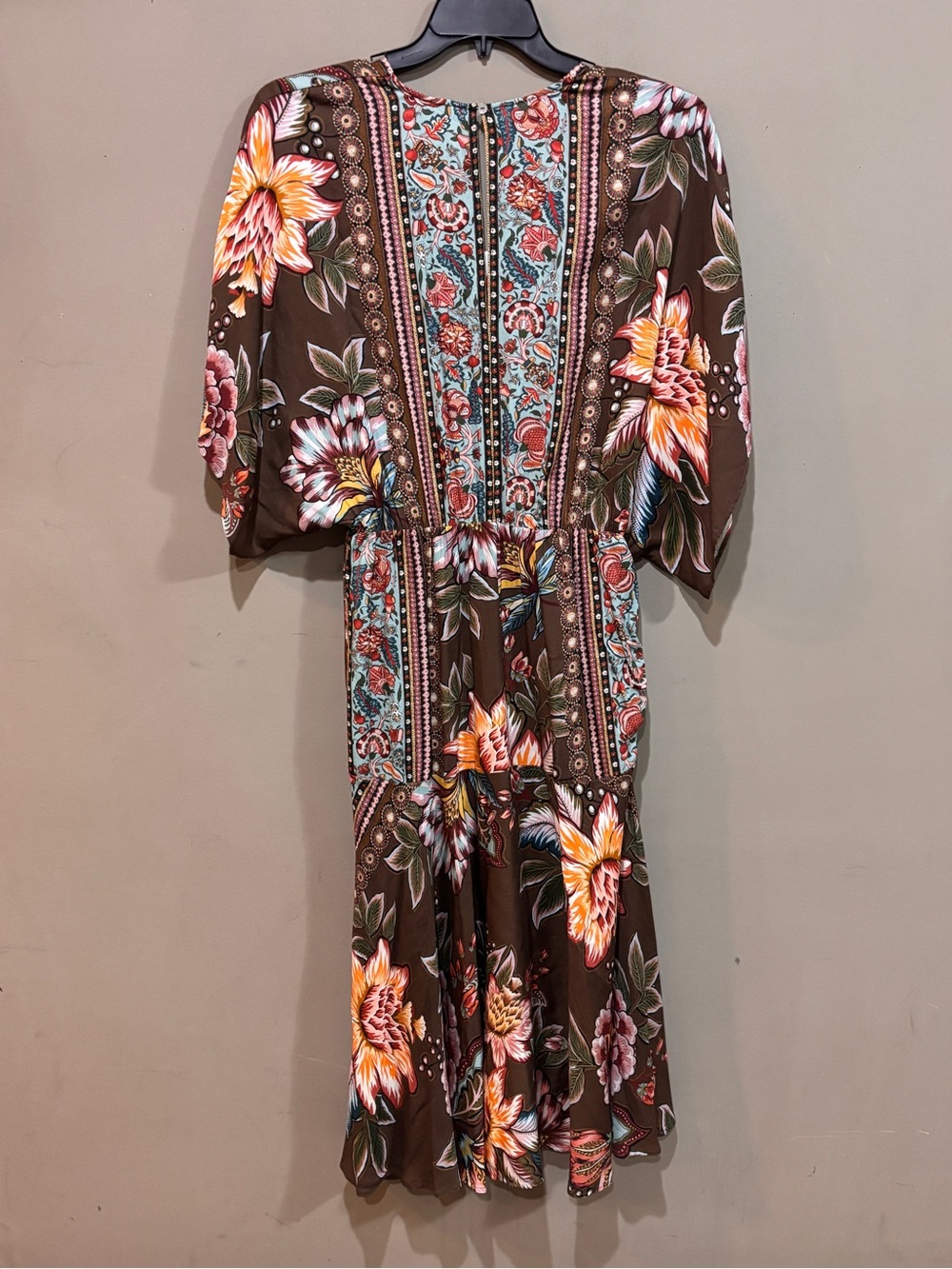 Farm Rio x Anthropologie Valentina Ruched Floral Midi Dress Brown Size PM Petite - Picture 9 of 10
